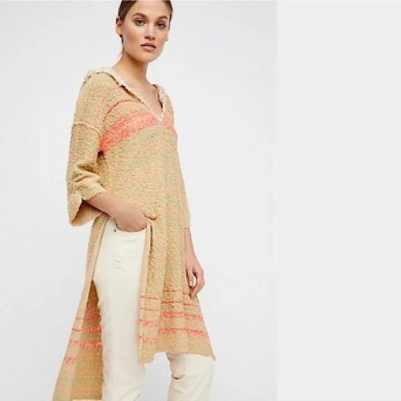 Free People Hooded Tunic Size Medium Color Cream and Orange Berkley - Picture 1 of 10
